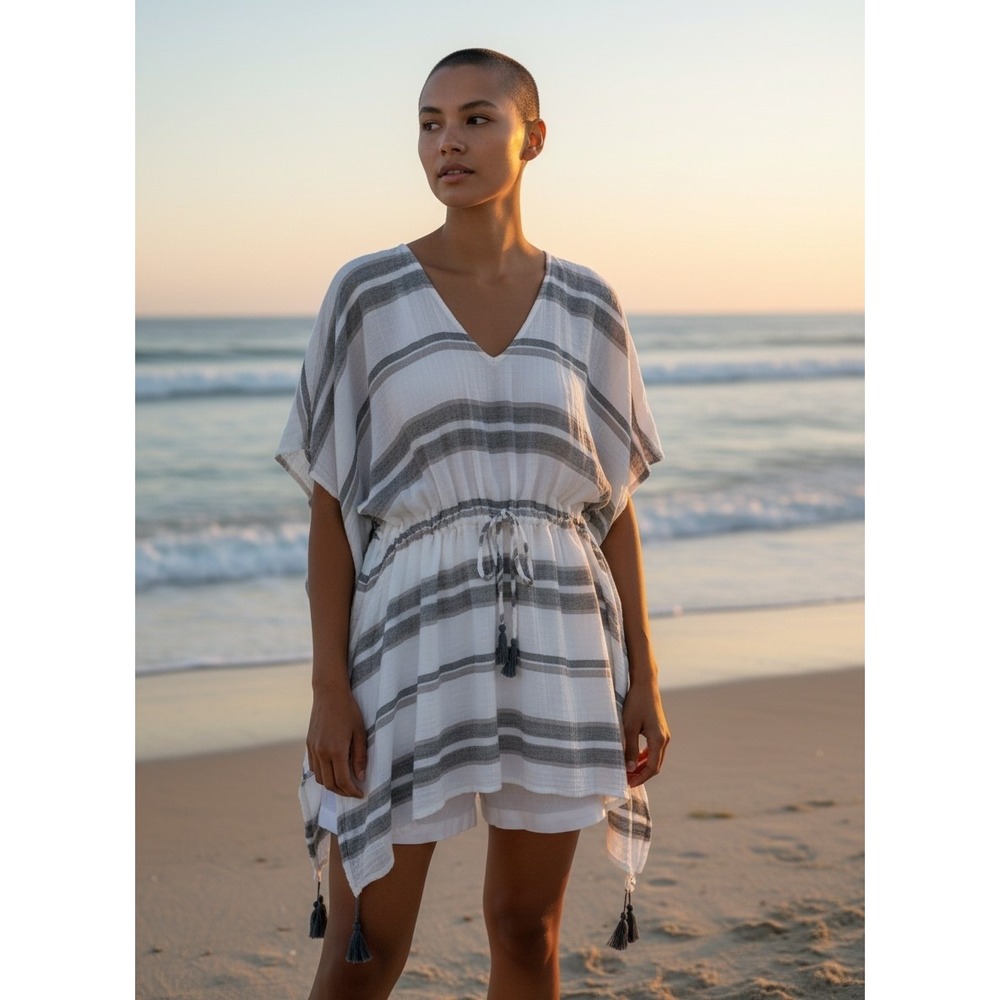 Life is Good Womens White Grey Striped Cotton Gauze Kaftan Cover Up M/L